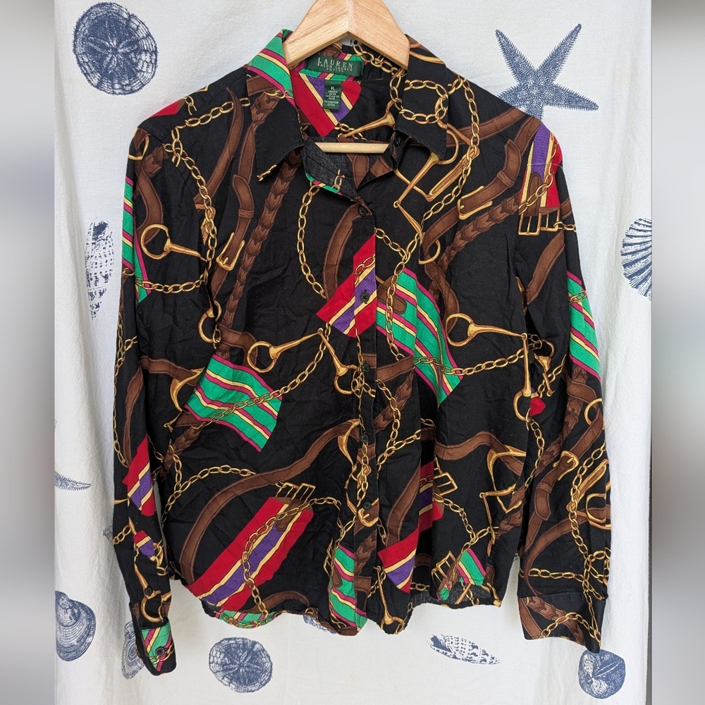 Ralph Lauren Petite L All Over Equestrian Print Button Up 🐎 Like New